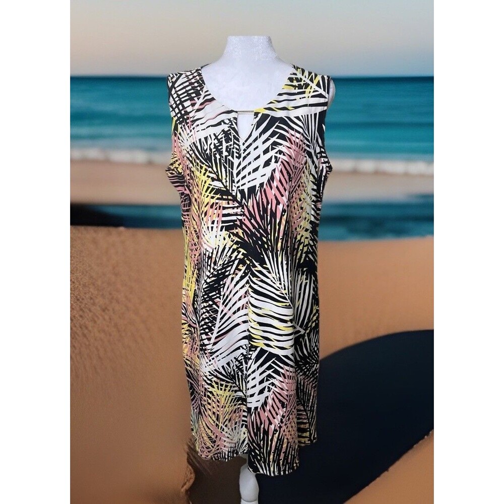 Tacera Tropical Fronds Beaded Keyhole Sleeveless Multicolor Shift Dress L